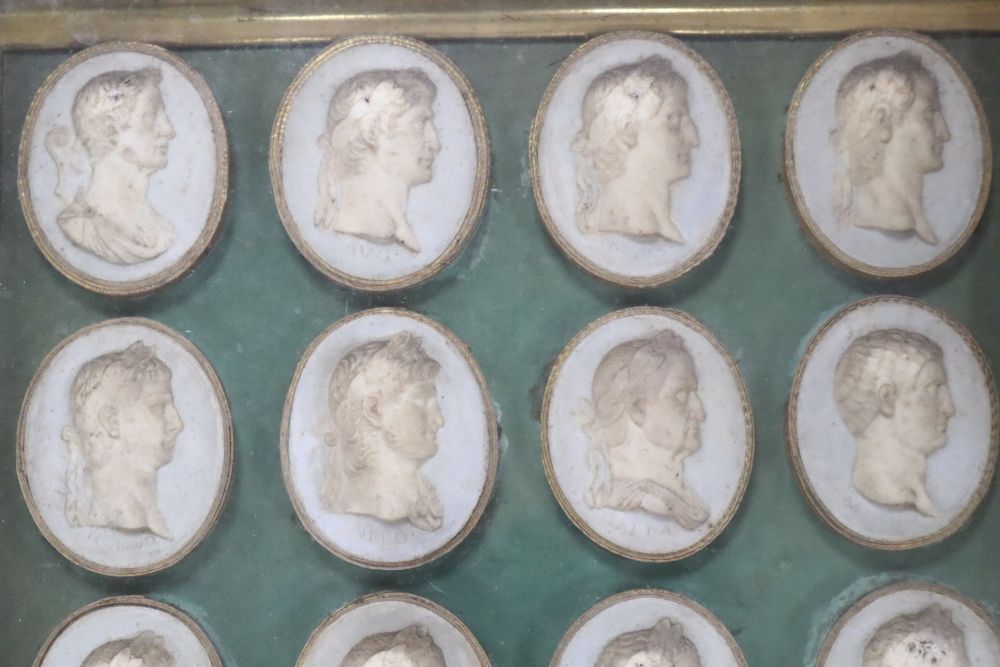 A set of framed cameos of the first 12 Roman Caesar, cast by Louis Mayland 1806/1896, 27 x 22cm